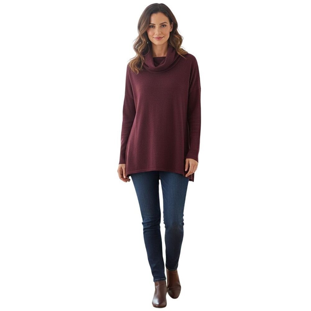 Eileen Fisher 100% Merino Wool Cowl Neck Assymetric Hem Tunic Sweater Size S